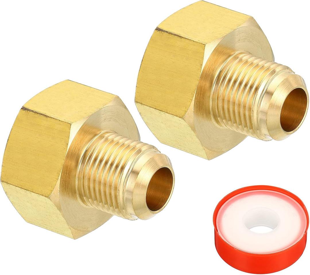 PATIKIL 1/2 SAE Male x 3/4 SAE Female Brass Flare Tube Fitting, 2 Pack Pipe Fitting Reducer Gas Adapter Hex Coupling with PTFE Tape for HVAC Fuel Oil Air Natural Gas Line Connection