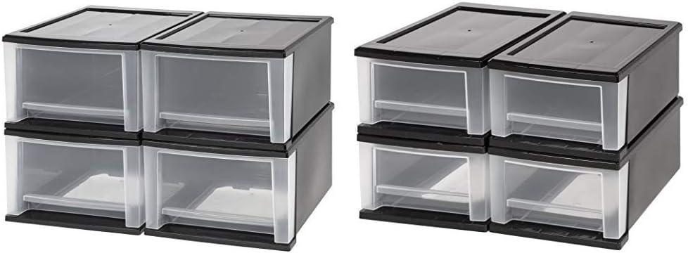 IRIS 17 Quart Stacking Drawer, 4 Pack, Black with IRIS 7 Quart Stacking Drawer, 4 Pack, Black