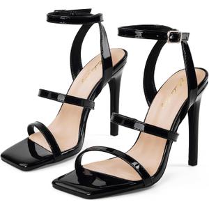 Elisabet Tang Womens Crystal Stilettos Heeled Sandals, 4 Inch Square Open Toe Strappy Sexy High Heels Ankle Strap Buckle Heels for Party Wedding Dress Daily Wear Shoes (Black)