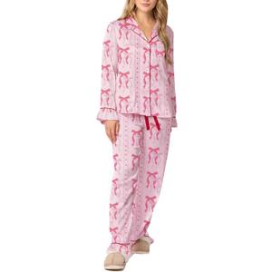 Piacakece Women 2 Piece Satin Pajama Set Cute Bow Print Long Sleeve Shirt Loose Shorts Matching Set Loungewear (Large, Heart)