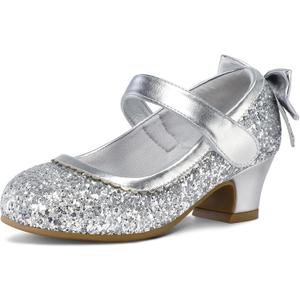 K KomForme Girls Dress Shoes Glitter Mary Jane Pumps with Bow, Low Heel Party Wedding Princess Shoes Kids Size 3