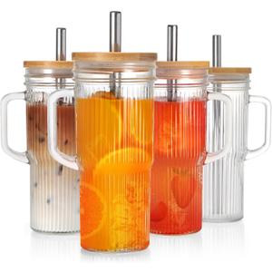 24Oz Ribbed Glass Tumblers with Lids and Straws, Glass Tumbler with Handle, Vintage Glass Cups Thick Drinking Glasses Set of 4, Ideal for Iced Coffee, Smoothies, Cocktails, Tea and Juices