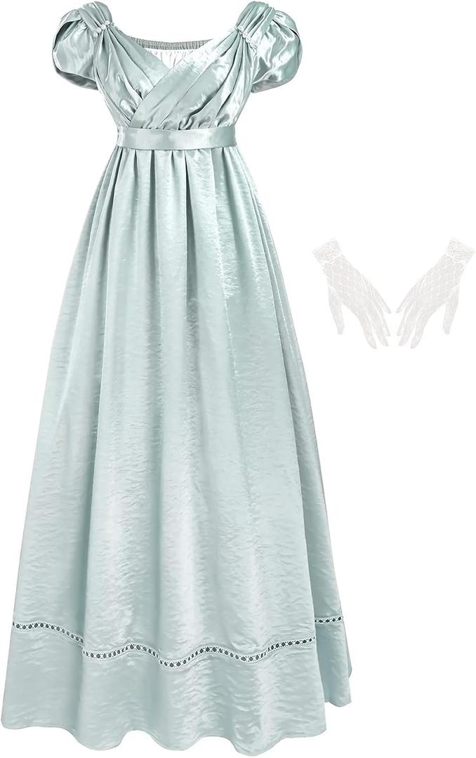 LTAKK Regency Dress Women Regency Costume Empire Waist Tea Party Victorian Gown with Lace Gloves, L