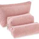 3 Pcs Makeup Bag Set for Women Corduroy Cosmetic Pouch Aesthetic Smile Travel Toiletry Bag Cute Purse Pouch Pencil Case Makeup Brushes Storage Organizer for Christmas(Pink,Solid Style)