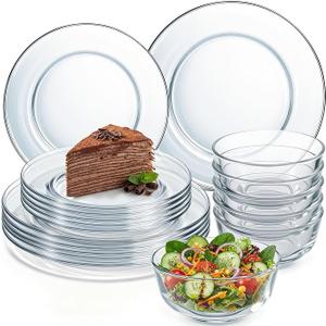Havawish 18 Pcs Glass Dinnerware Set Sleek Round Clear Glass Plate and Bowl Sets for Dessert, Salad, Fruit, Dishwasher, Microwave Safe Kitchen Dining