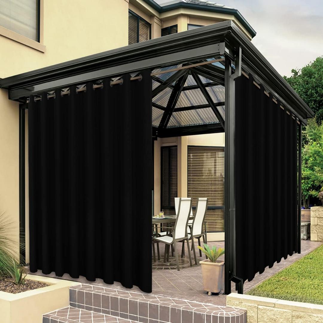 BONZER Waterproof Outdoor Curtains for Patio Porch Pergola Cabana Thick Privacy Wide Grommet Indoor Curtains for Bedroom Living Room, 1 Panel, 110W x 84L inch, Black