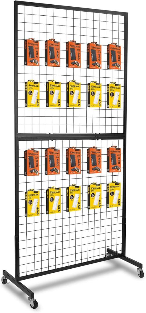 NectaCol 3'x 6' Gridwall Panel Display Stand with T-Base, Black Wire Grid Wall Panels with Wheels, Craft Display Rack, Art Display Stand, Retail Display, Show Rack, 1 Pack