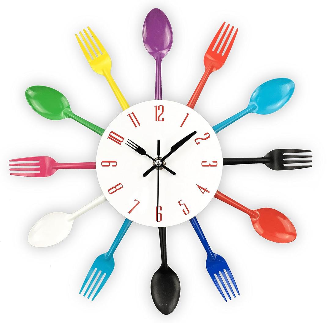 Timelike Kitchen Wall Clock, 3D Removable Modern Creative Cutlery Kitchen Spoon Fork Wall Clock Mirror Wall Decal Wall Sticker Room Home Decoration (Colorful)