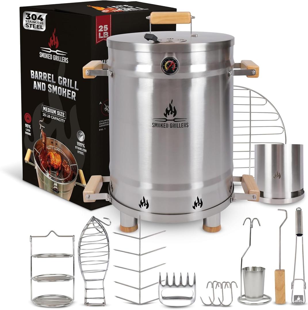 Barrel Smoker Grill Combo | 100% 304 Stainless Steel Barrel | 95% Less Smoke, Even Heat | Easy to Use & Clean  Vertical Smoker Ideal for Balconies and Backyards (MEDIUM-25 LBS)