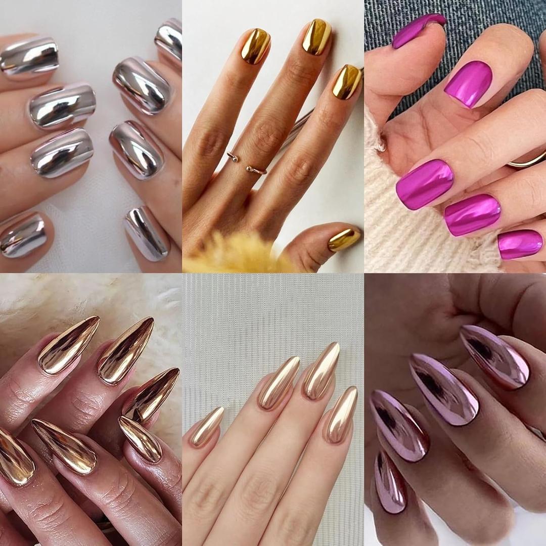 CTTHNBD 6 Packs (144 Pcs) Press on Nails - Short Press on Nails Square, Medium Almond, Chrome Fake Nails Kits for Women 12 Sizes - 6 Colors (Standard, Silver Gold)