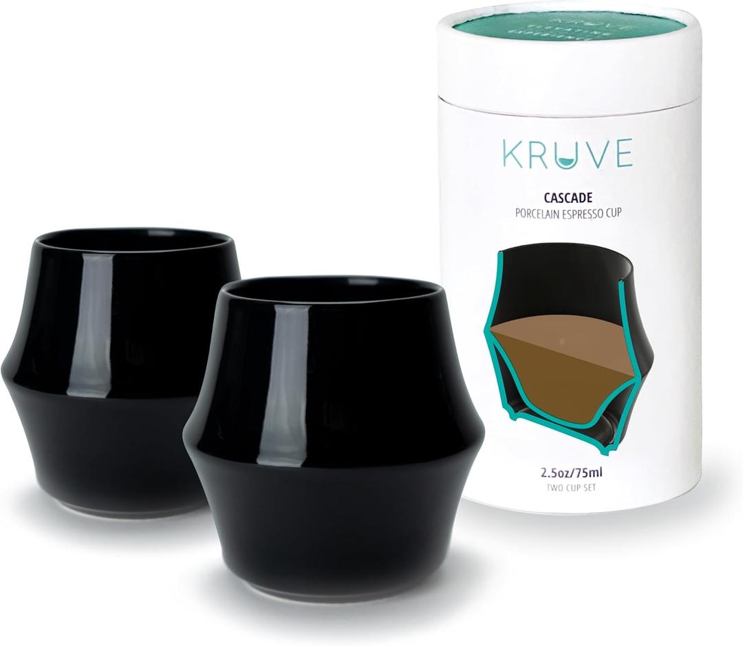 KRUVE CASCADE Porcelain Coffee Cups, 2.5oz Double-Walled Espresso Cups, Sensory Espresso Coffee Mug Set for Heat Retention, Black Porcelain Drinking Glasses with Enhanced Aroma, Elegant Cup Design