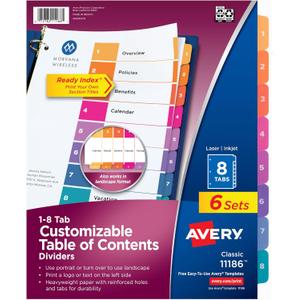 Avery 8 Tab Dividers for 3 Ring Binders, Customizable Table of Contents, Multicolor Tabs, 6 Sets (11186)