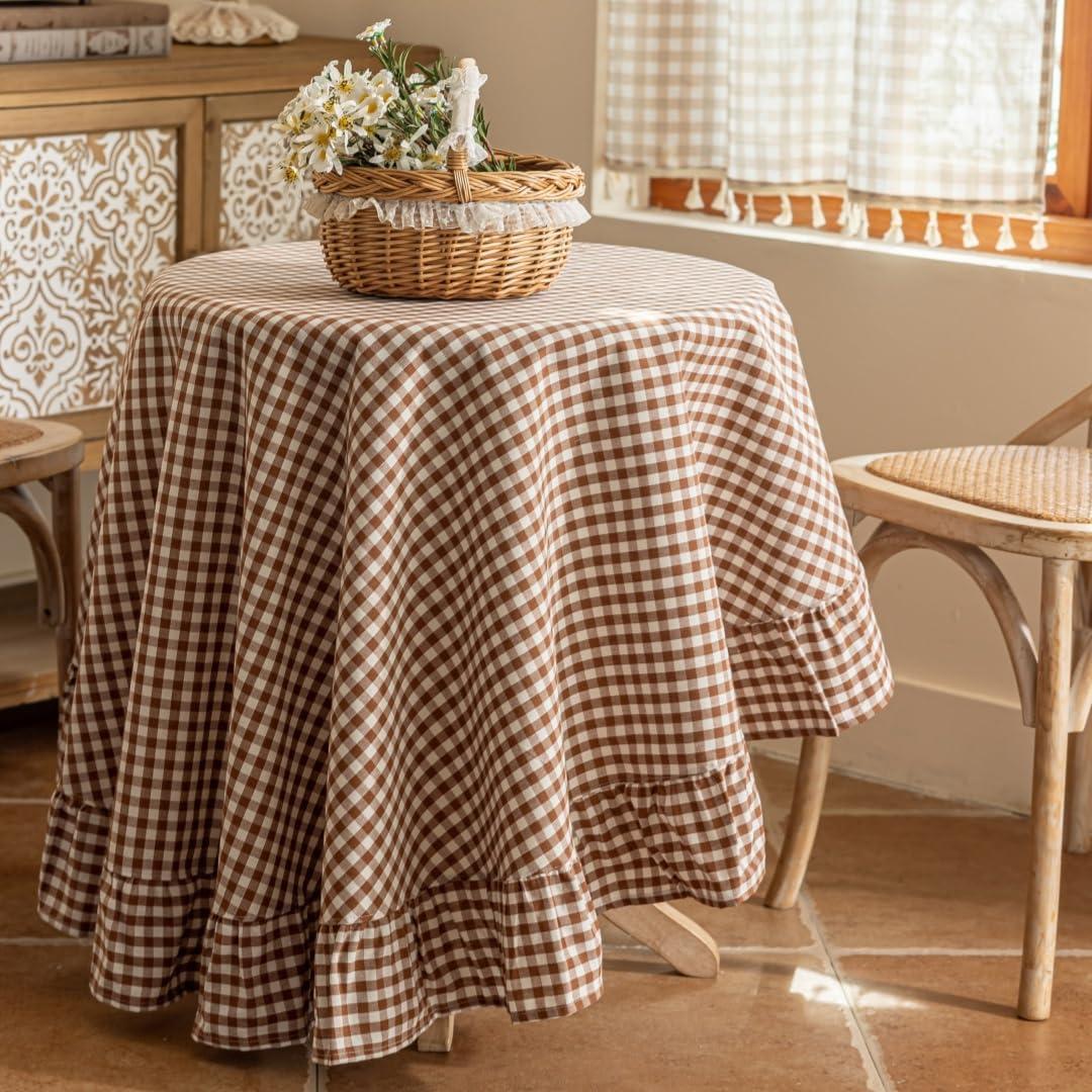 Coffee Plaid Ruffled Table Cover Linen 60Inch Round Gingham Tablecloth Classic Farmhouse Vintage Checkered Table Cover Decorative Buffalo Plaid for Home Holiday Party 60"(Round)
