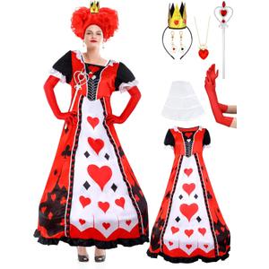 Tellingyou 8 Pcs Halloween Queen Costume Set Red Women's Dress Heart Crown Cane Wig Queen Cosplay Accessories for Women (Medium)