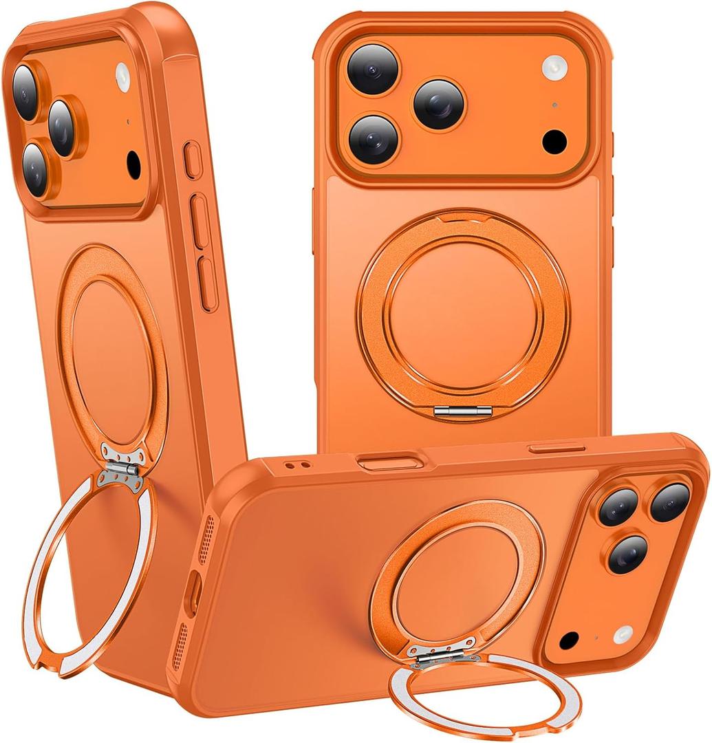 360Magnetic Swivel Ring for iPhone 17 pro case, Built-in Metal Stand and Ring Holder, Magsafe Compatible, Military Grade Protection, Shockproof - Orange
