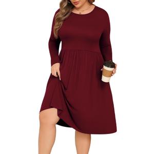 POSESHE Women's Plus Size Dresses Long Sleeves Crew Neck Casual Dresses Empire Waist Loose Flowy Dress with Pockets (X-Large Plus, C5-Burgundy)