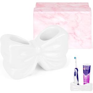 Bow Ceramic Toothbrush Holder, Cute Toothpaste Organizer with Drain Hole, Bathroom Countertop Storage for Electric Toothbrush, Toothpaste & Accessories (White)