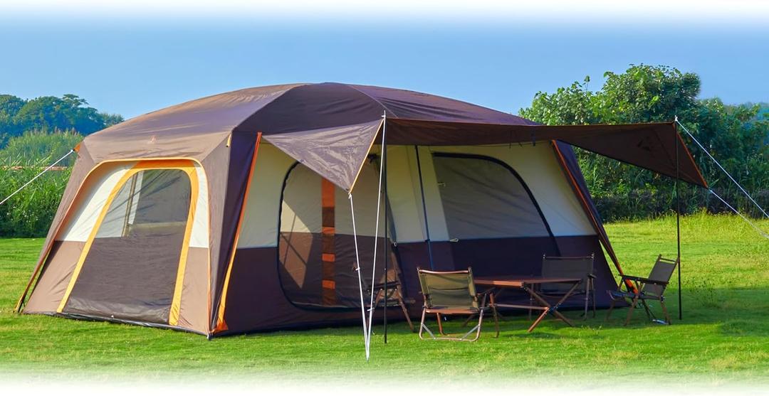 KTT Extra Large Tent 12-14 Person,Family Cabin Tents,2 Rooms,Straight Wall,2 Doors 4 Windows with Mesh,Waterproof,Straight Wall,Big Tent for Outdoor,Picnic,Camping,Gathering(Brown)