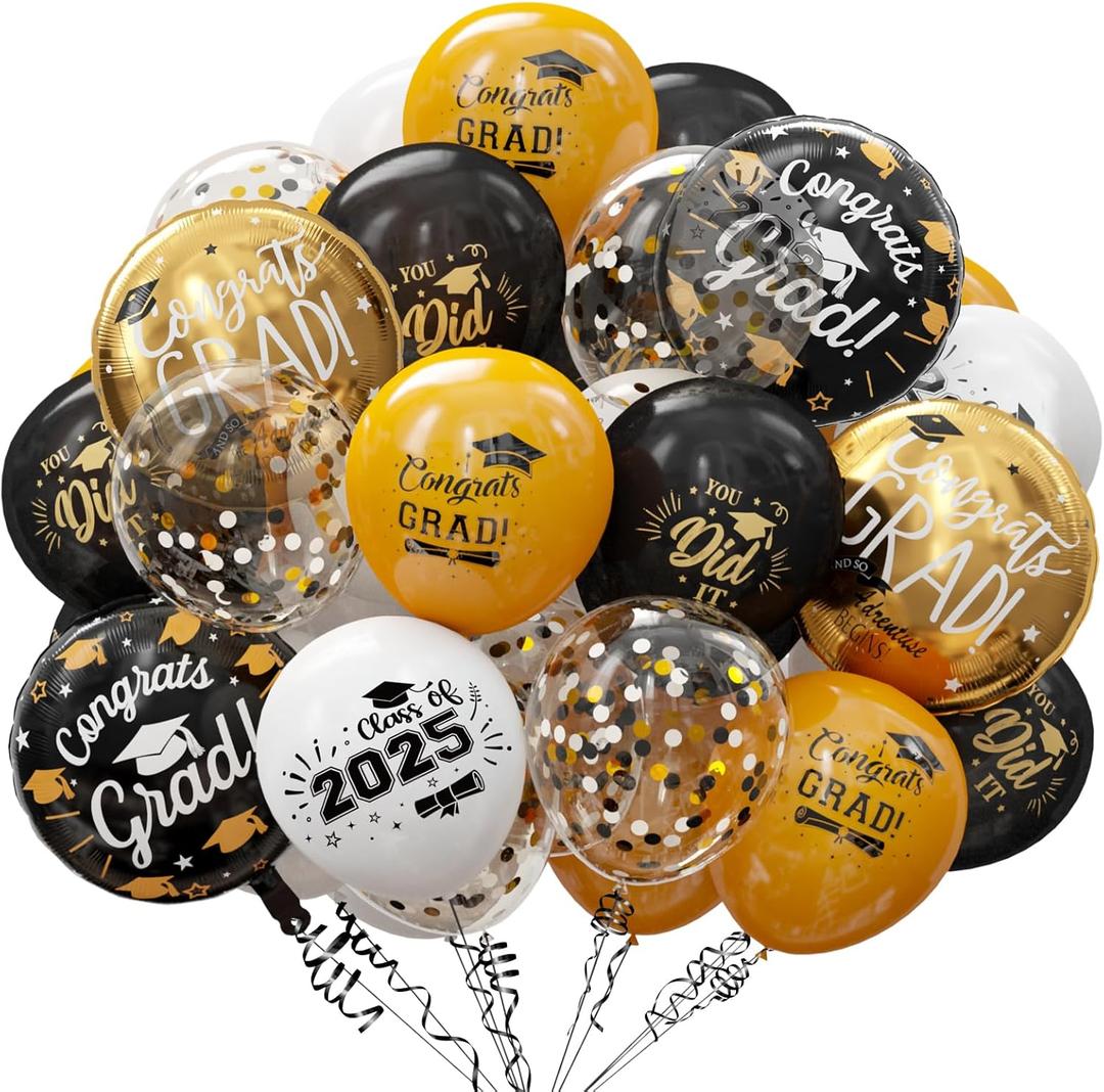GuassLee Graduation Balloons for Class of 2025 - Gold and Black Grad Latex Confetti Balloons with Congrats Grad Foil Baloons and Ribbons for Graduation Party Decorations Supplies 60pcs