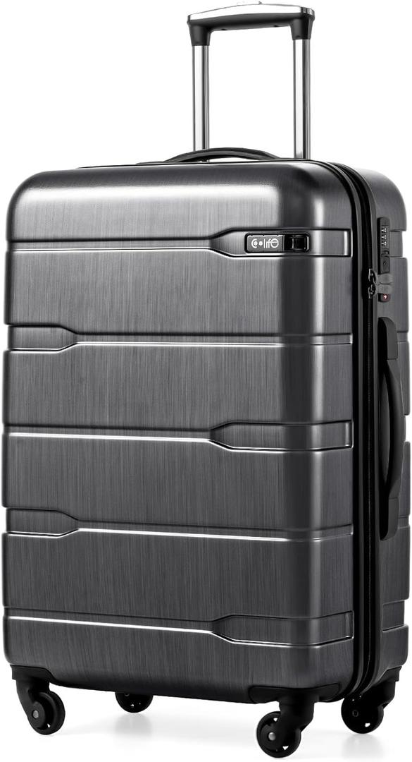 Coolife Medium Checked Luggage Hardside PC+ABS Suitcase with TSA Lock, Lightweight Rolling Carry On with Spinner Wheels(Charcoal, 24in)