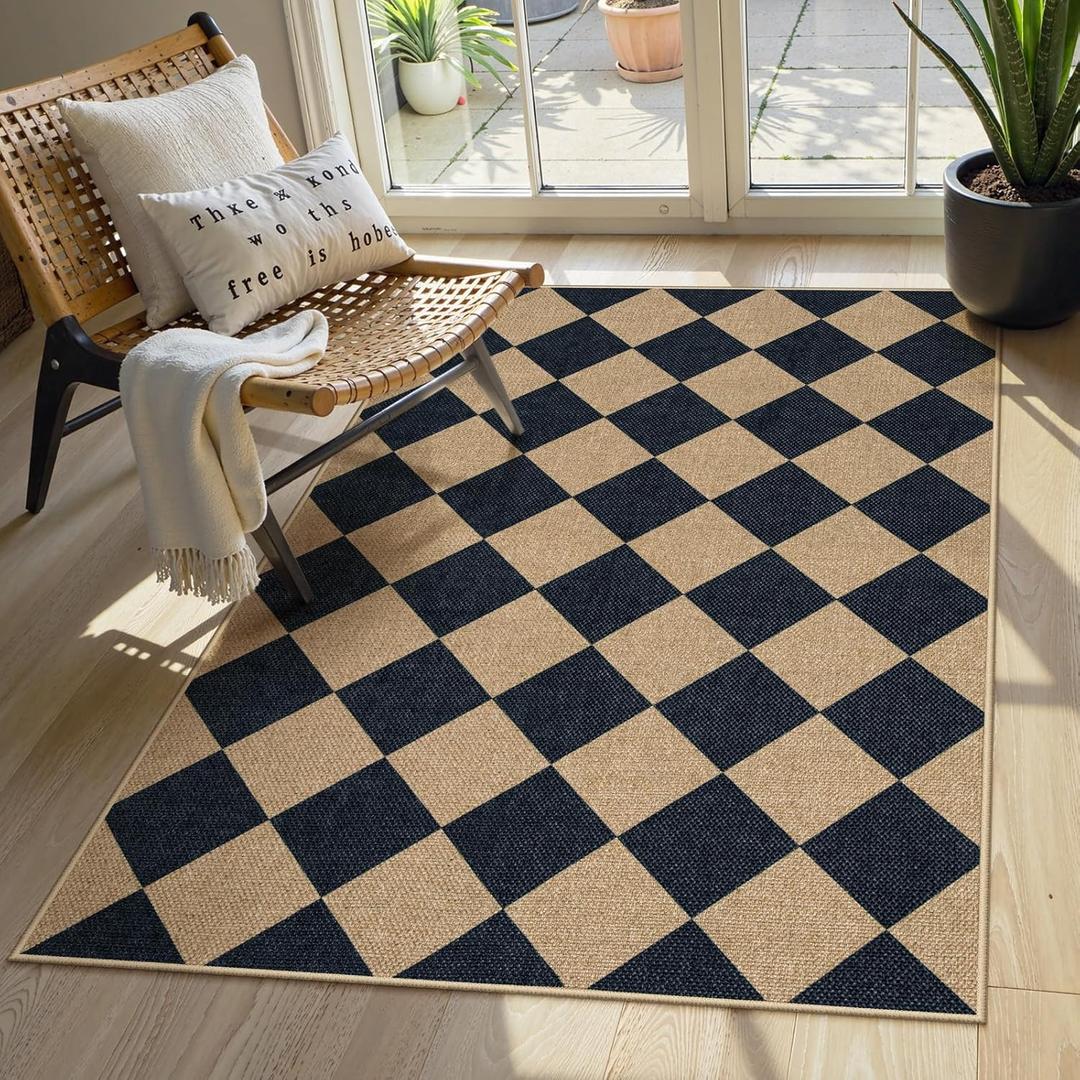 Lahome Colette Checkered Easy Jute 3x5 Outdoor Patio Rug, Washable Rugs for Entryway Diamond Indoor Outdoor Living Room Carpet, Farmhouse Neutral Non Slip Black Door Carpet for Backyard Bedroom (Black/Checkerboard -2)