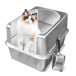 Stainless Steel Litter Box with Metal Lid and Scoop - Enclosed Metal Litter Box for Large Cats, Rust-Resistant, Odor-Control, Easy to Clean, Durable & Long-Lasting with Round Edge (L)
