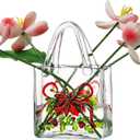 Hand-Painted Glass Handbag Vase, 9 Inch Floral Embossed Purse Vase with Thick Glass Walls, Decorative Flower Vase for Living Room, Table Centerpiece, Home Decor Gift (White Red Flowers)