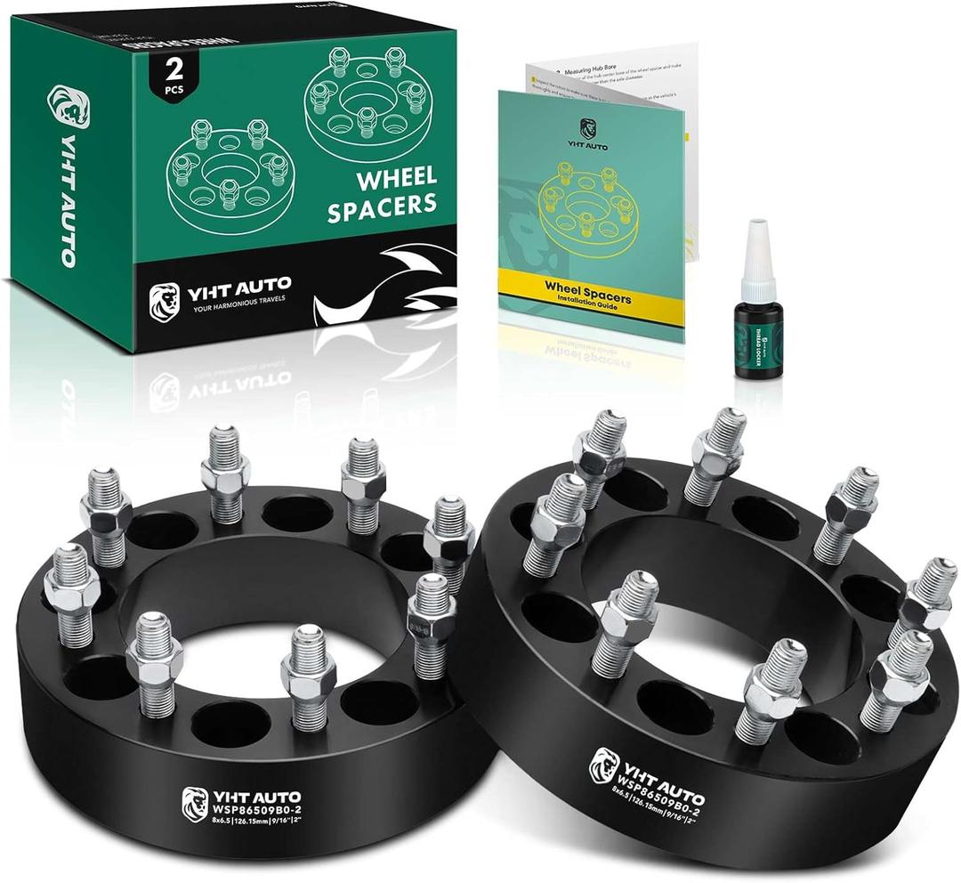 YHTAUTO 8x6.5 Wheel Spacers 2 Inch Compatible with Ford, Dodge, Chevy & GMC Models, F250 F350, Ram 2500/3500 Tire Spacers w/ 9/16" & 12.9 Grade Studs, 50.8mm Center Bore 8 Lug 2PCS Black