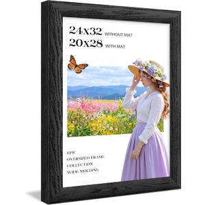 24x32 Poster frame Black, 1.57 Inch Wide Wood Grain Texture, Display Pictures 20x28 with Mat,24 x 32 Picture frame with Black Backing Horizontal or Vertical Wall