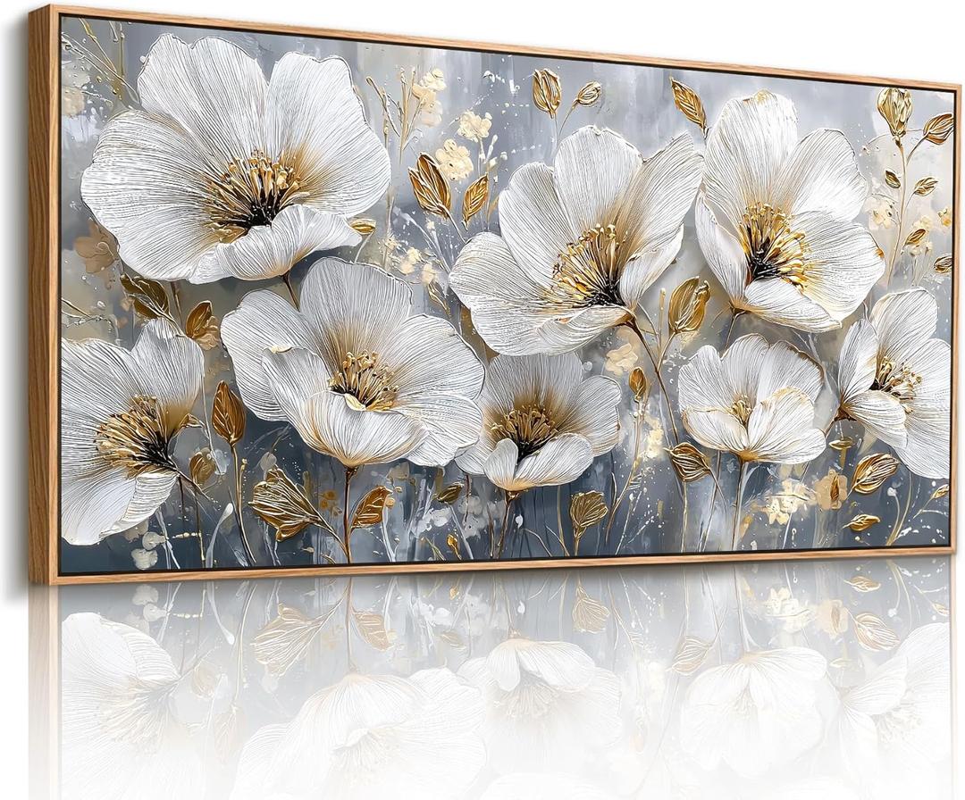 imjiayu Large Framed Wall Art, Floral Wall Art, Modern Art Wall Decor, White and Gold Flowers Canvas Prints, Nature Classy Paintings Wall Decor Living Room Bedroom Office Home Decorations 20"x40"