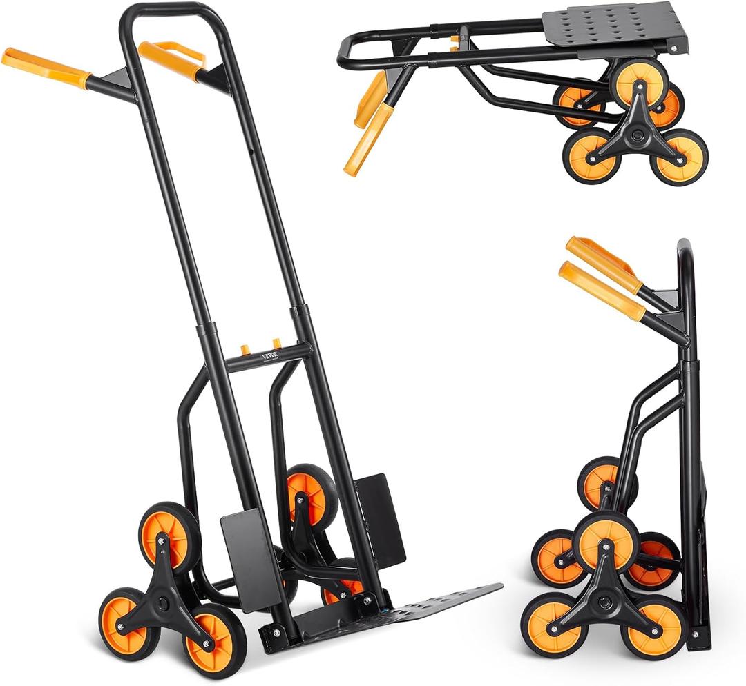 VEVOR Stair Climbing Cart, 440 lbs Capacity Stair Climber Hand Truck and Dolly, Heavy-Duty Folding Trolley Cart with Dual Handle, 6 Wheels & 2 Elastic Ropes for Home Office Shopping Moving Warehouse