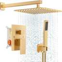 Gold Shower Faucet Set, Rainfall Shower System with Rain Shower Head and Handle Set, Wall Mounted Shower Fixtures, Full Metal Trim Repair Kit 12 inch Paint Gold (With Shower Valve)