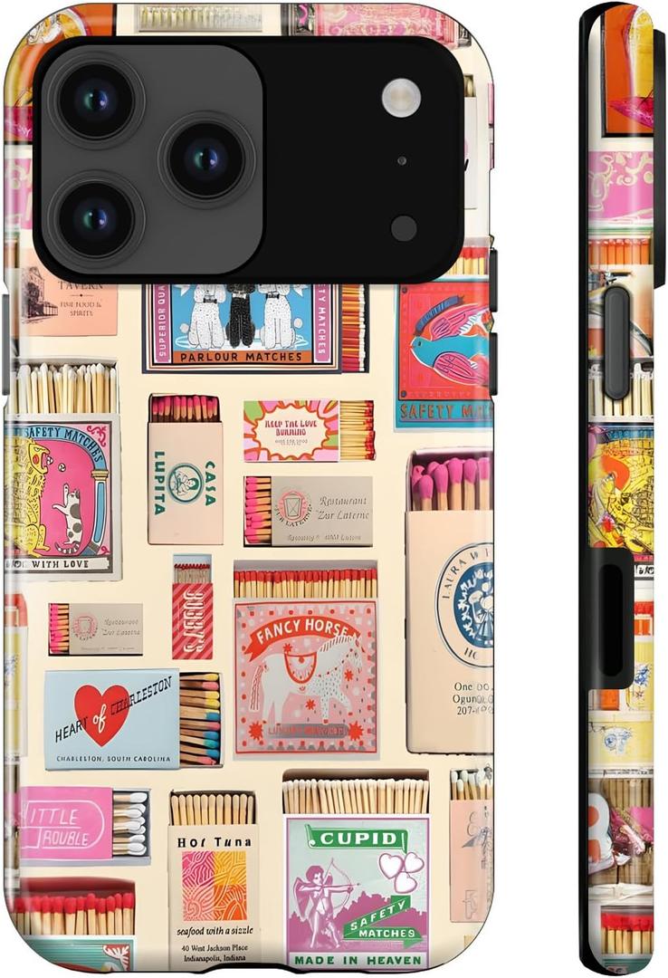 For iPhone 17 Pro Case,Vintage Matchbox Collage Phone Case for Girl Women Boy Men,Hybrid 2-Layer Hard Shell Cases