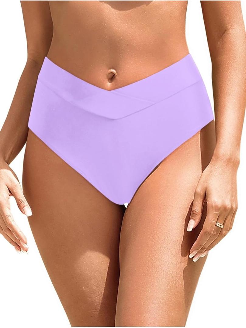 Zmart Womens High Waisted Bikini Bottoms - V Cut Full Coverage Bathing Suit Swimsuit Bottom with Twist Front (L)