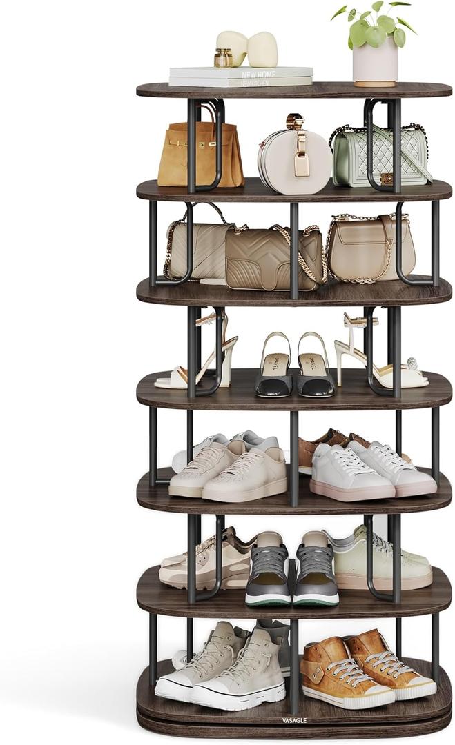 VASAGLE 7-Tier Shoe Rack, Rotating Shoe Rack Tower, Shoe Closet Organizer, Shoe Shelf, 28-35 Pairs, 23.6 x 23.6 x 47.2 Inches, for Entryway, Living Room, Closet, Ink Black and Ash Brown ULBS041B01