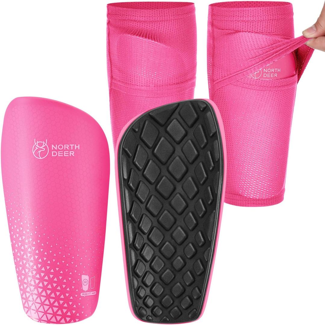 Northdeer Soccer Shin Guards for Kids Adults. Sleeves with Optimized Insert Pocket - Protective Soccer for Boys Girls Men (M (4'7"-5'3"), Shin Pads 1 Pair + Sleeves 1 Pair, Pink)