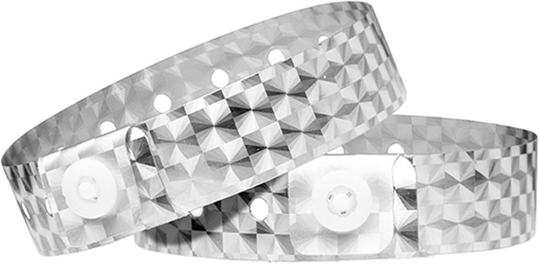 OUCHAN Holographic Plastic Wristbands Silver - 100 Pack Vinyl Wristbands for Events Parties