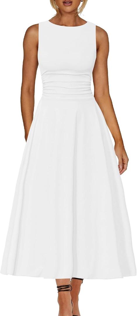 Kaximil Women's Boat Neck Sleeveless A Line Maxi Dress Ruffle Flowy Casual Long Dresses (White) S