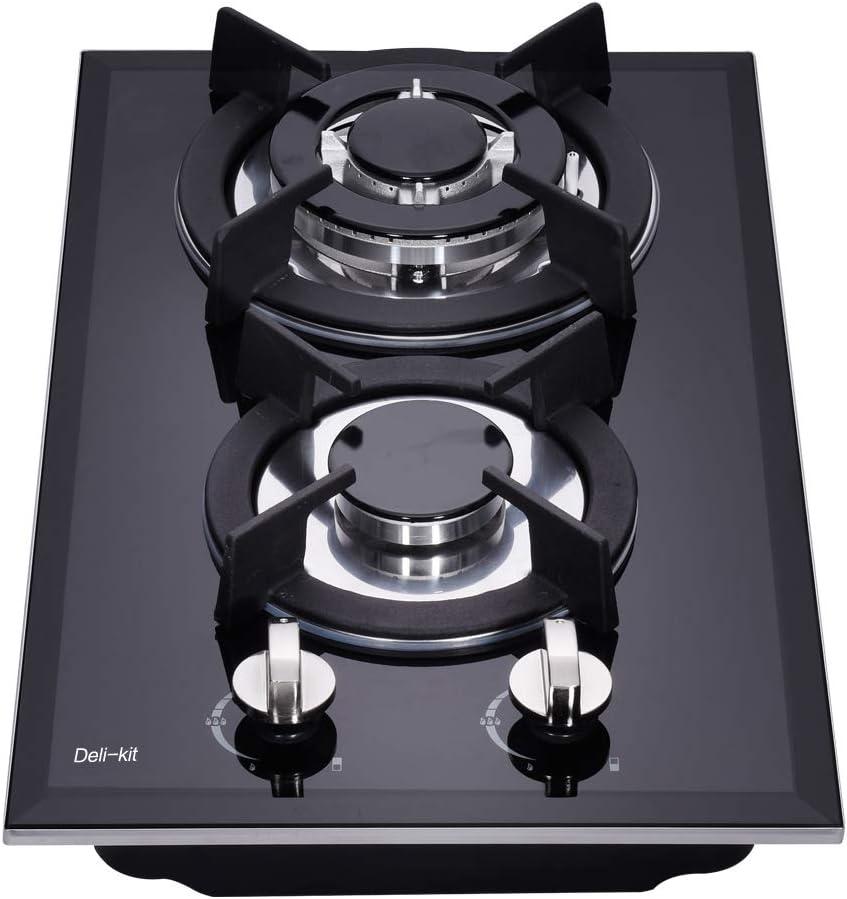 12 Inch Dual Fuel Gas Cooktop - Sealed 2 Burners, Tempered Glass, Drop-in Gas Hob DK123-A01S, Black