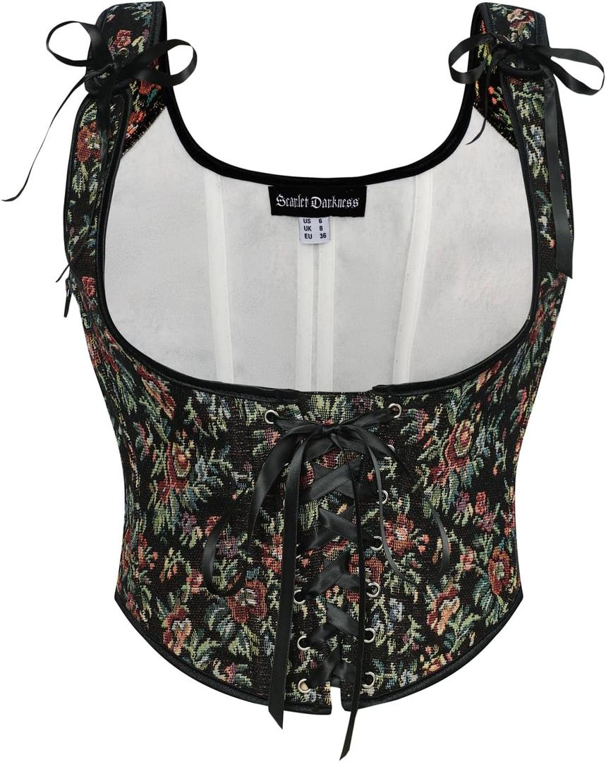 Scarlet Darkness Women's Renaissance Corset Tops Lace-up Boned Fairycore Pirate Underbust Corsets (8, Black Multi Floral)