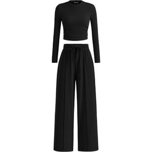 PRETTYGARDEN Women's 2 Piece Sets 2026 Fall Long Sleeve Crop Tops Wide Leg Pants Matching Outfit Tracksuits Spring Clothes (X-Large, Black)