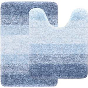 Arotive Microfiber Bathroom Rugs and Toilet Rugs U-Shaped, Bath Rug Size 24x16 and Toilet Rugs Size 24x20 in Light Blue, 2 Item Bundle