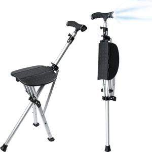 Cane with Seat Folding Lightweight, Walking Cane with LED Light, Adjustable Cane Chairs for Seniors Men Women, Aluminum Alloy Sturdy Walking Stick with Seat (Silver)