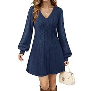 VAFOLY Womens V Neck Long Sleeve Cable Knit Fall Dresses Elegant Babydoll Sweater Dress (Navy, Size Small)