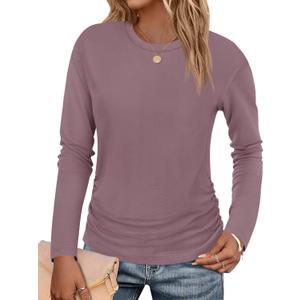 Tankaneo Womens T-Shirts Summer Long Sleeve 2025 Crew Neck Blouse Dressy Casual Ruched Slim Fit Trendy Tops