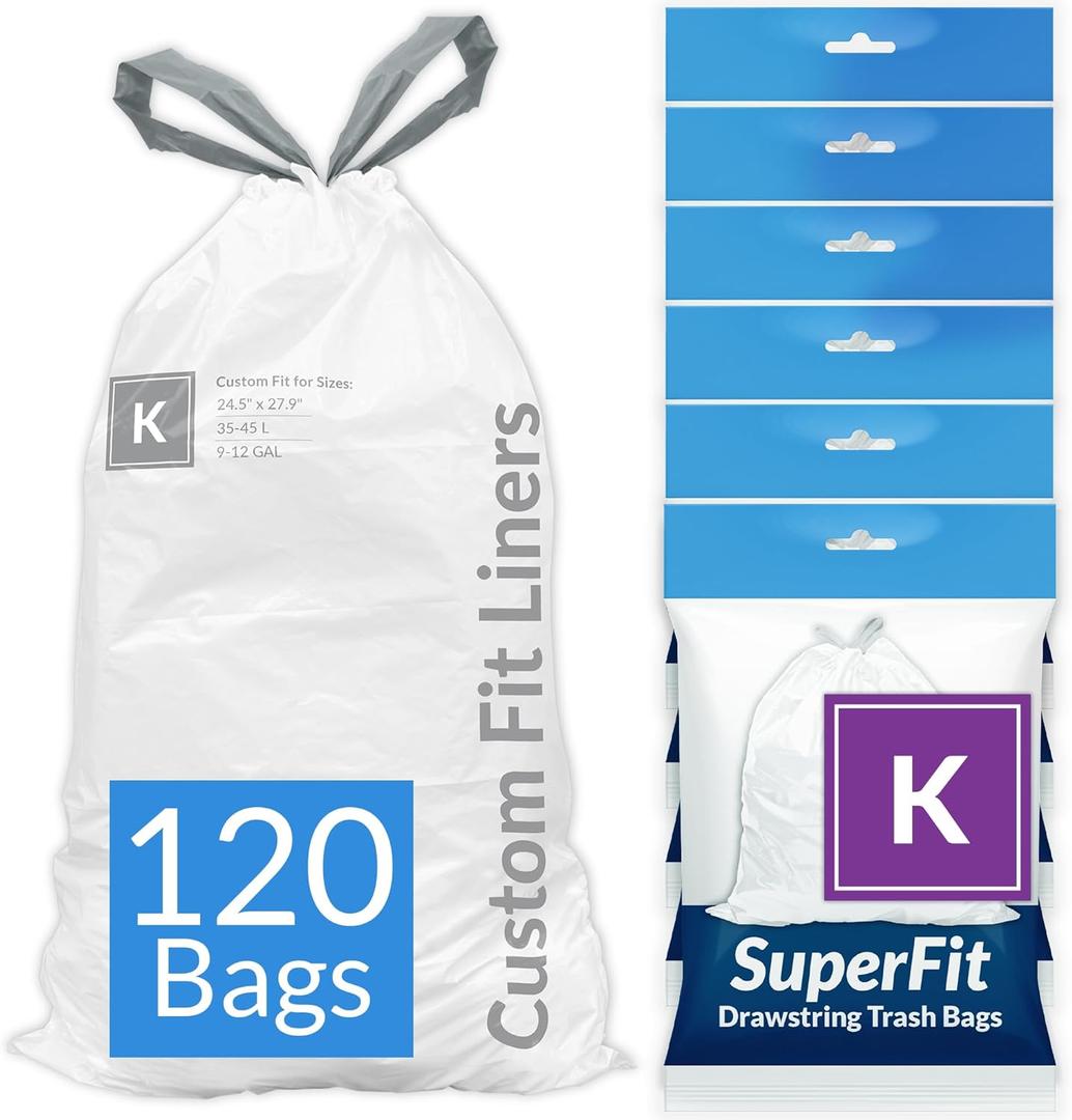 Reli. SuperFit Code K (120 Count) | Compatible with Simplehuman Code K | Dispenser Pack Custom Fit Liners | Drawstring Trash Bags | 35-45 Liter / 9-12 Gallon | White