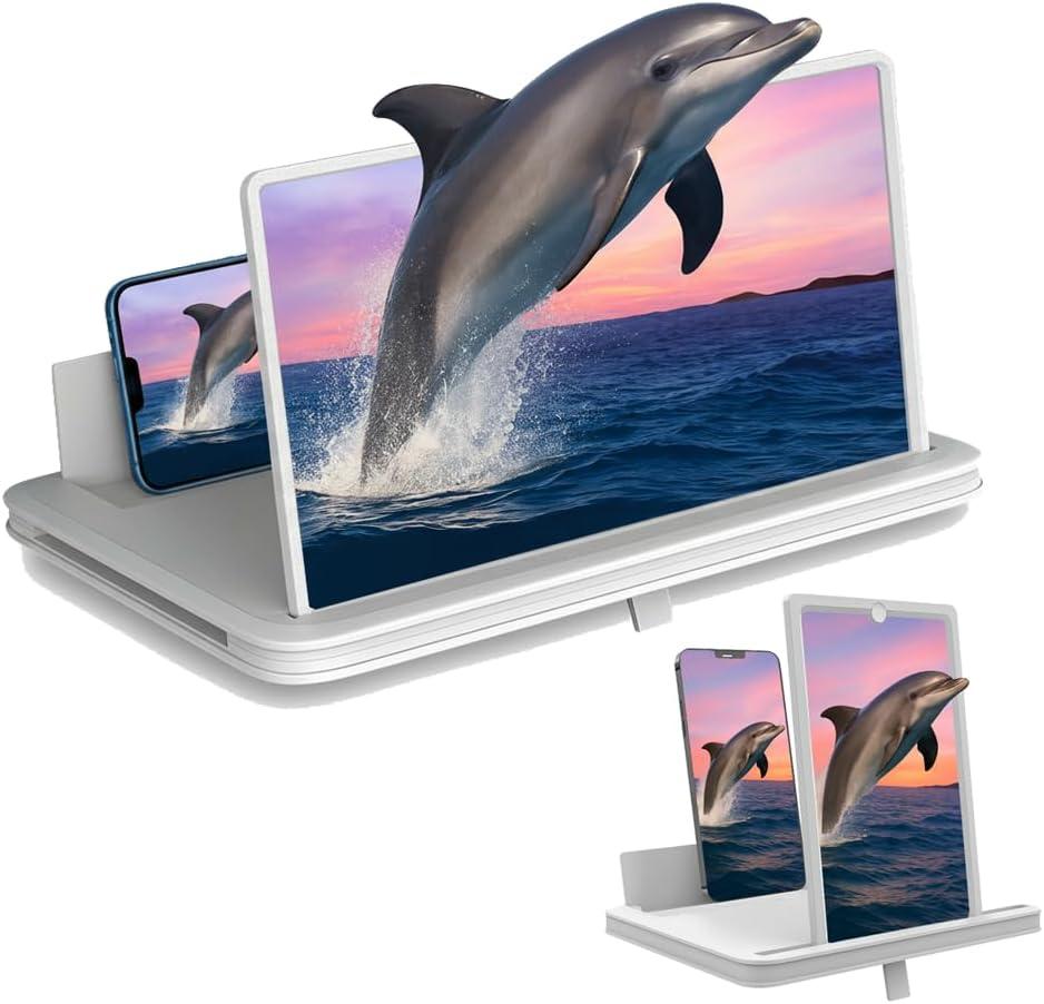 Screen Magnifier for Cell Phone, Phone Magnifier Screen with Adjustable Stand, Foldable Screen Magnifier for Movies and Videos, Hands-Free Cell Magnifier Screen for All Smartphones (White, 10'')