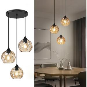 Emliviar 3-Light Cluster Pendant Lamp with Hammered Glass, Linear Barn Hanging Pendant Lighting for Dining Room in Amber Finish, DYE287G2-3 BK