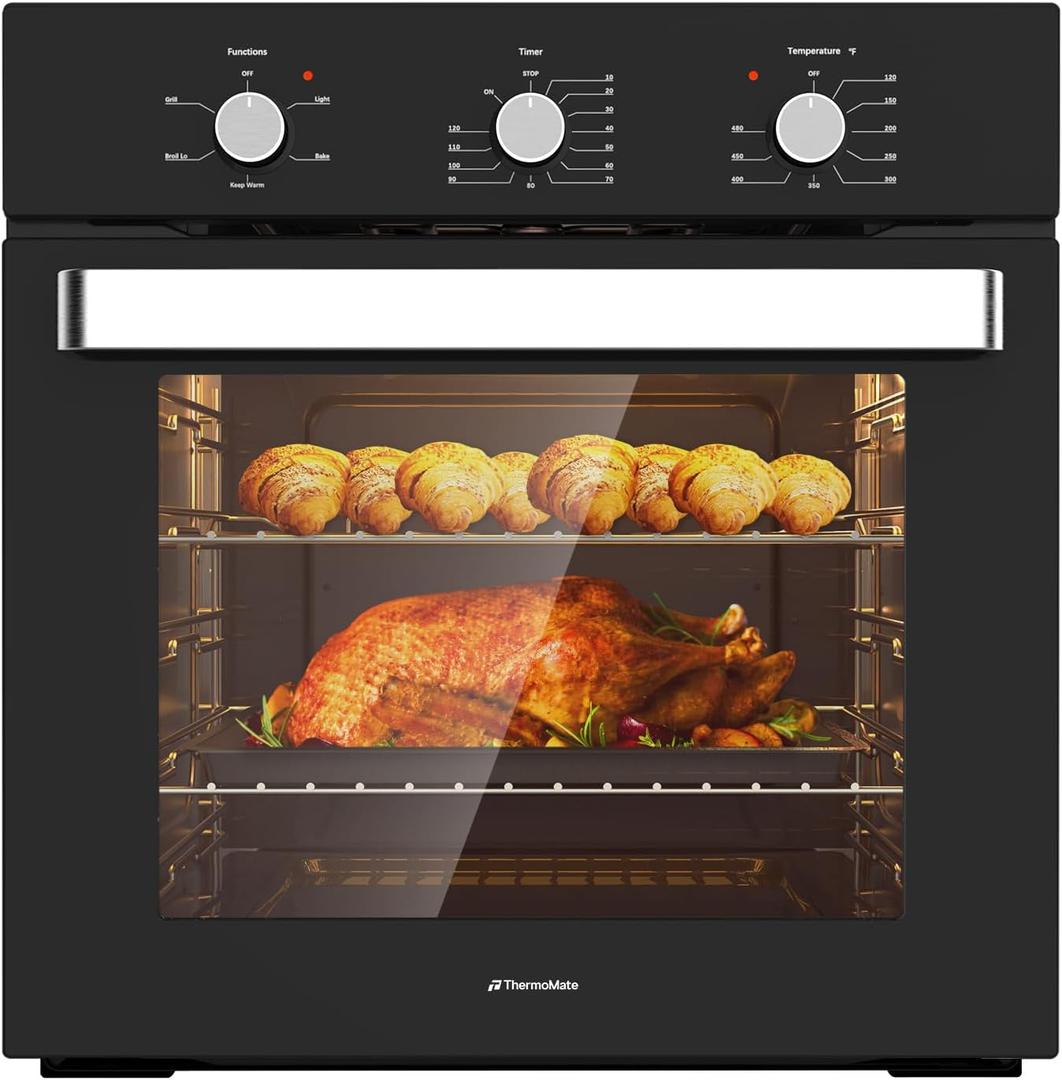 ThermoMate 24" Electric Wall Oven, ETL Certified, 2.8 Cu. Ft. Built-in Electric Wall Oven with 5 Cooking Functions, Black, Anti-Mistouch Knob, Removable 3-Layer Glass Door, 2200W