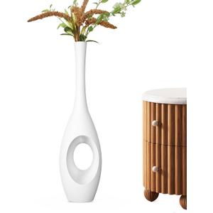 23.6" White Tall Floor Vase Donut-Shaped Oval Body with Slim 3cm Neck, Modern Tall Decorative Vases for Living Room, Entryway, Office Decor Resin Floor Vase